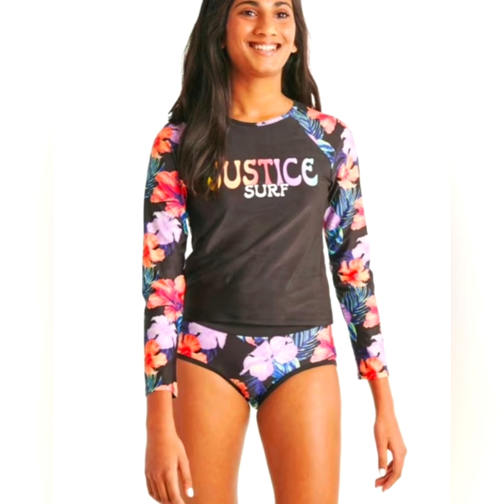 Justice Kids Floral 2 Piece Matching Swim Suit - Rashguard Blk/ Multicolor